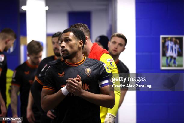 Kallum Watkins of Salford waits to lead out his side during the Sky Bet League Two between Colchester United and Salford City at JobServe Community...