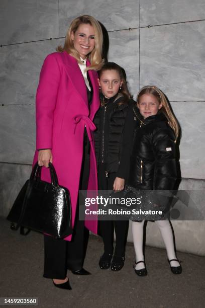 Michelle Hunziker is seen with daughters Sole and Celeste Trussardi at the Michelle Hunziker birthday party on January 24, 2023 in Milan, Italy.