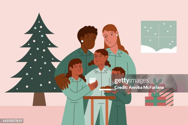 bildbanksillustrationer, clip art samt tecknat material och ikoner med a mixed race lgbtqia family sets out cookies and milk in matching pajamas for christmas eve - mysig