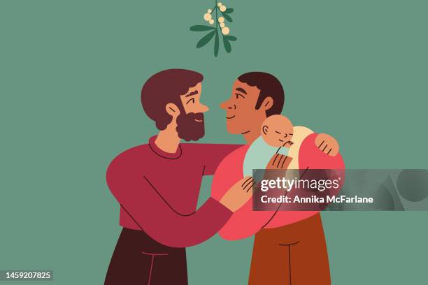 two gay dads look lovingly at each other under mistletoe while holding their child - happy loving family stock illustrations