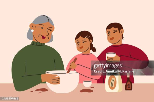 a grandmother and her two grandchildren happily bake together in kitchen - kids baking cake stock illustrations