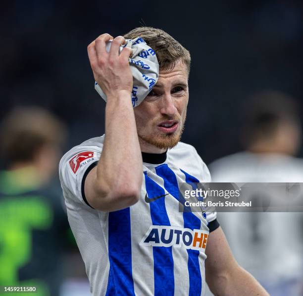 Jonjoe Kenny of Hertha BSC takes an injury during the Bundesliga match between Hertha BSC and VfL Wolfsburg at Olympiastadion on January 24, 2023 in...