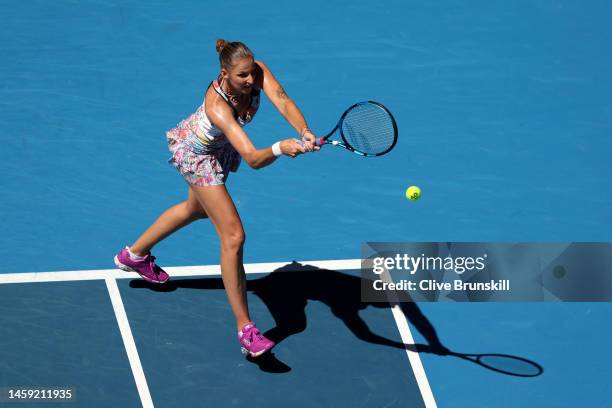 Karolina Pliskova of the Czech Republic plays a backhand during the Quarterfinal singles match against Magda Linette of Poland during day ten of the...