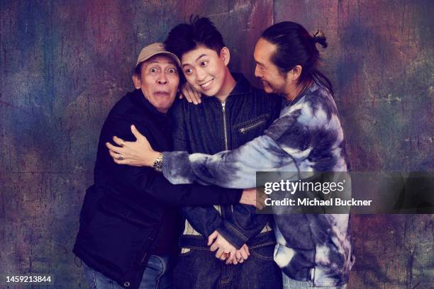 Yayu A.W. Unru, Rich Brian and Justin Chon of 'Jamojaya' are photographed for Deadline at the Deadline Studio during the 2023 Sundance Film Festival...