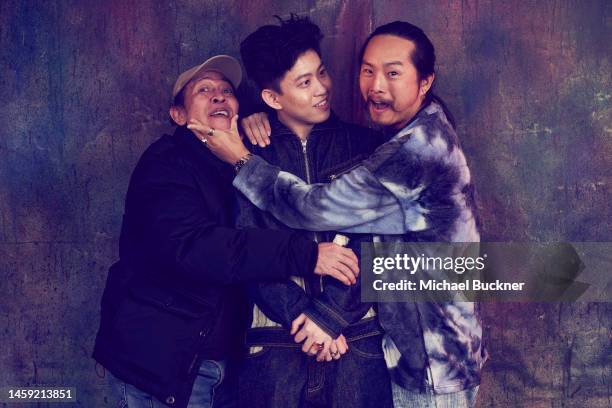 Yayu A.W. Unru, Rich Brian and Justin Chon of 'Jamojaya' are photographed for Deadline at the Deadline Studio during the 2023 Sundance Film Festival...