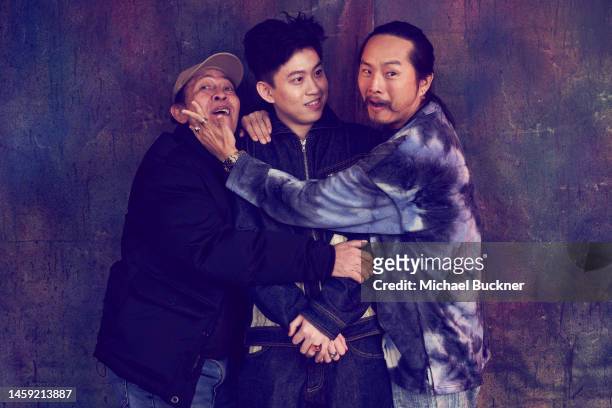 Yayu A.W. Unru, Rich Brian and Justin Chon of 'Jamojaya' are photographed for Deadline at the Deadline Studio during the 2023 Sundance Film Festival...