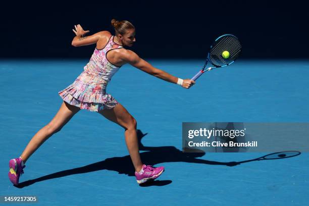 Karolina Pliskova of the Czech Republic plays a backhand during the Quarterfinal singles match against Magda Linette of Poland during day ten of the...