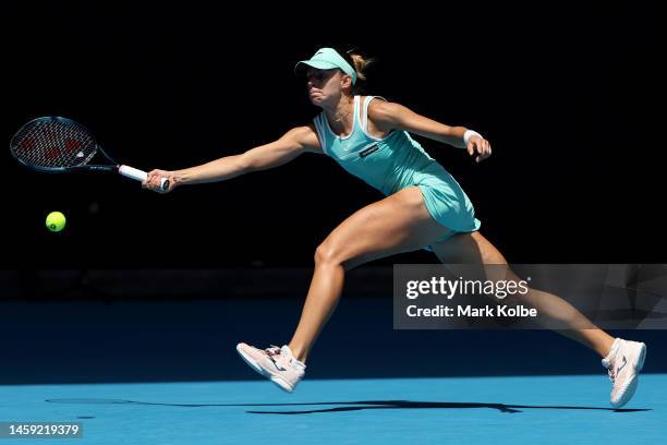 Magda Linette of Poland plays a forehand during the Quarterfinal singles match against Karolina Pliskova of the Czech Republic during day ten of the...