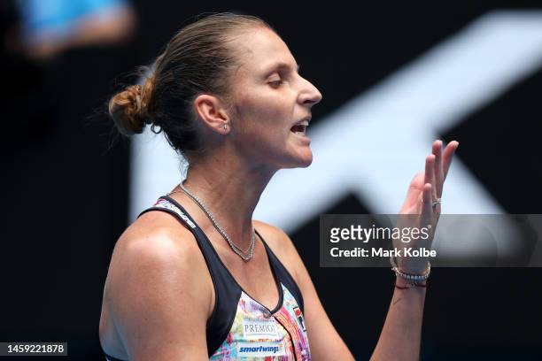 Karolina Pliskova of the Czech Republic reacts during the Quarterfinal singles match against Magda Linette of Poland during day ten of the 2023...