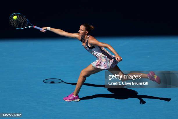 Karolina Pliskova of the Czech Republic plays a forehand during the Quarterfinal singles match against Magda Linette of Poland during day ten of the...