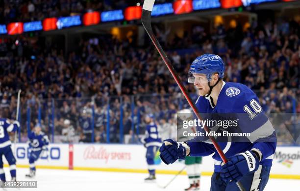 Corey Perry of the Tampa Bay Lightning celebrates a goal in the second period during a game against the Minnesota Wild at Amalie Arena on January 24,...