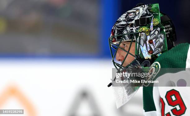 Marc-Andre Fleury of the Minnesota Wild looks on in the second period during a game against the Tampa Bay Lightning at Amalie Arena on January 24,...