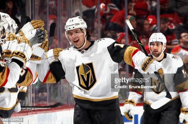 Ben Hutton of the Vegas Golden Knights celebrates his goal against the New Jersey Devils at 12:00 of the second period at the Prudential Center on...
