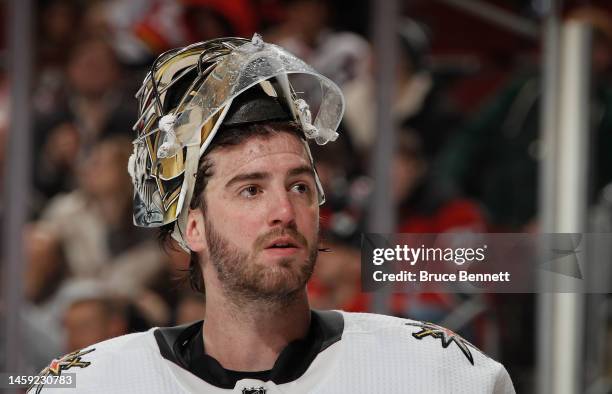 Logan Thompson of the Vegas Golden Knights takes a break during the game against the New Jersey Devils at the Prudential Center on January 24, 2023...