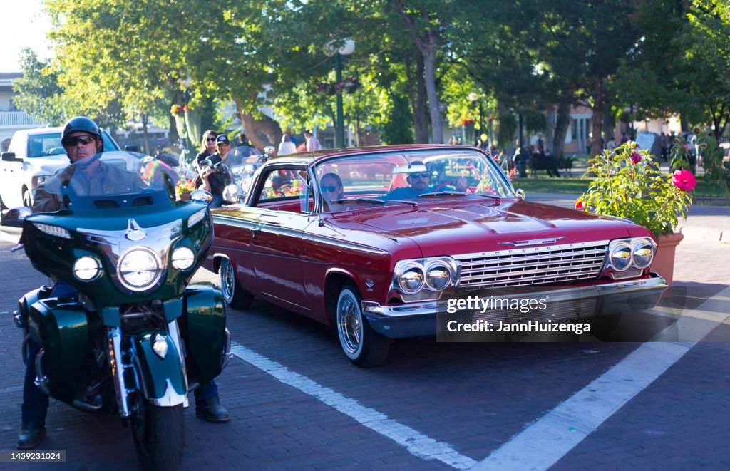 Santa Fe Nm Biker And Classic Red Lowrider Car On Plaza High-Res Stock ...