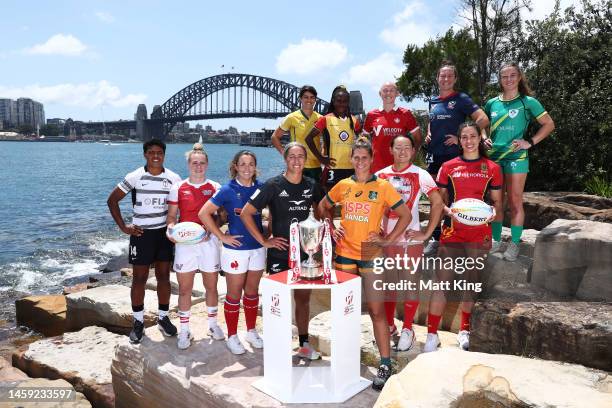 Captains of all Women's teams pose with the Sydney Sevens trophy during a Sydney Sevens Captains Media Opportunity at Barangaroo Reserve on January...