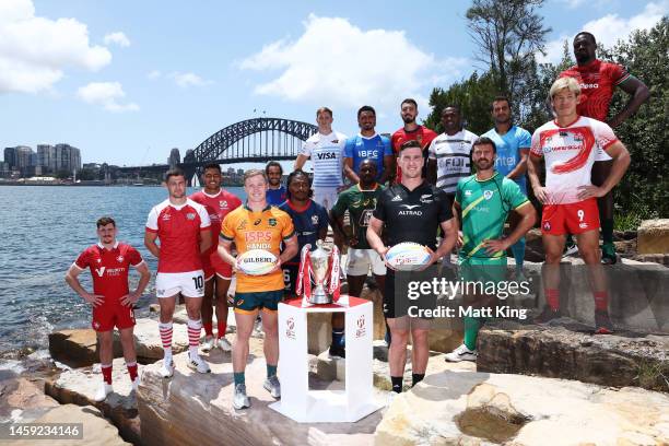Captains of all Men's teams pose with the Sydney Sevens trophy during a Sydney Sevens Captains Media Opportunity at Barangaroo Reserve on January 25,...
