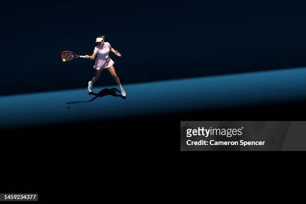 Donna Vekic of Croatia plays a forehand during the Quarterfinal singles match against Aryna Sabalenka during day ten of the 2023 Australian Open at...