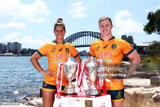 Australian Sevens Women's captain Demi Hayes and Australian Sevens Men's captain Henry Hutchison pose during a Sydney Sevens Captains Media...