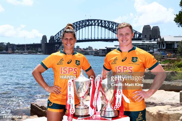 Australian Sevens Women's captain Demi Hayes and Australian Sevens Men's captain Henry Hutchison pose during a Sydney Sevens Captains Media...
