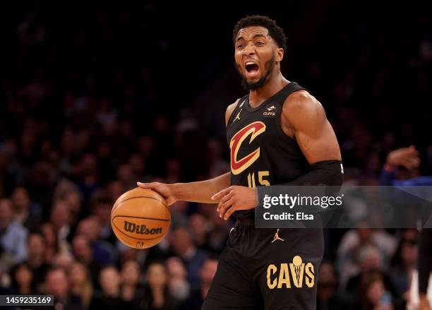 Donovan Mitchell of the Cleveland Cavaliers directs his teammates in the second quarter against the New York Knicks at Madison Square Garden on...