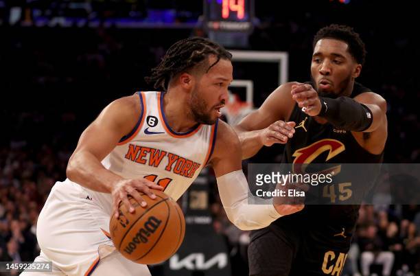 Jalen Brunson of the New York Knicks heads for the net as Donovan Mitchell of the Cleveland Cavaliers defends in the third quarter at Madison Square...