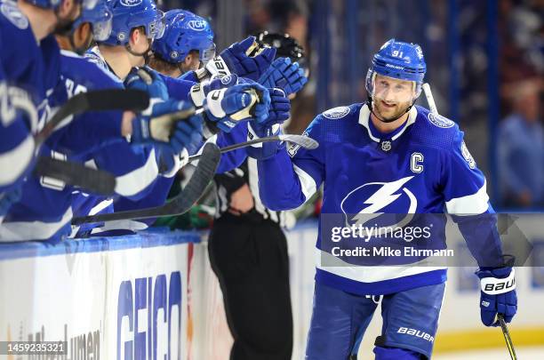 Steven Stamkos of the Tampa Bay Lightning celebrates a goal in the third period during a game against the Minnesota Wild at Amalie Arena on January...