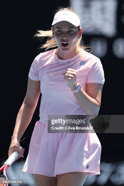 Donna Vekic of Croatia reacts during the Quarterfinal singles match against Aryna Sabalenka during day ten of the 2023 Australian Open at Melbourne...