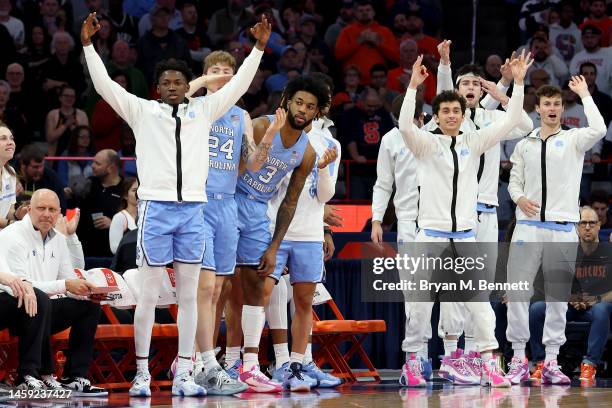 North Carolina Tar Heels reacts during the first half of the game against the Syracuse Orange at JMA Wireless Dome on January 24, 2023 in Syracuse,...
