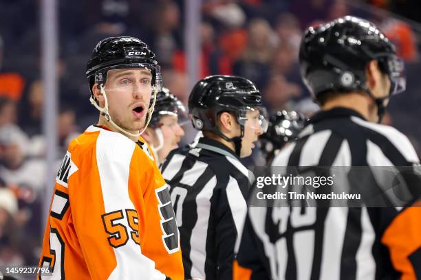 Rasmus Ristolainen of the Philadelphia Flyers reacts during the third period against the Los Angeles Kings at Wells Fargo Center on January 24, 2023...