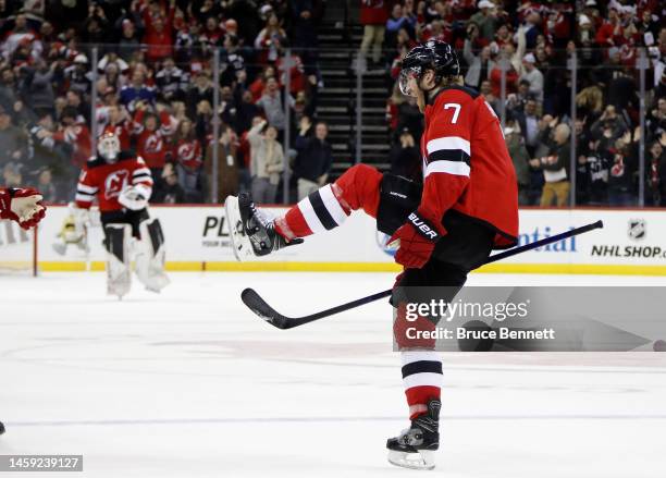 Dougie Hamilton of the New Jersey Devils celebrates his game-winning overtime goal against the Vegas Golden Knights at the Prudential Center on...