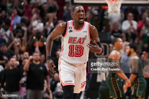 Bam Adebayo of the Miami Heat reacts after scoring during the second half of the game against the Boston Celtics at Miami-Dade Arena on January 24,...