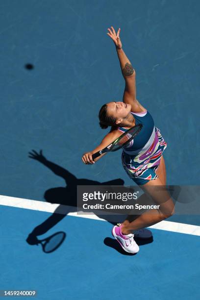 Aryna Sabalenka serves during the Quarterfinal singles match against Donna Vekic of Croatia during day ten of the 2023 Australian Open at Melbourne...