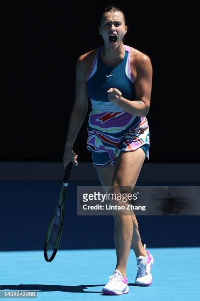 Aryna Sabalenka reacts in the Quarterfinal singles match against Donna Vekic of Croatia during day ten of the 2023 Australian Open at Melbourne Park...