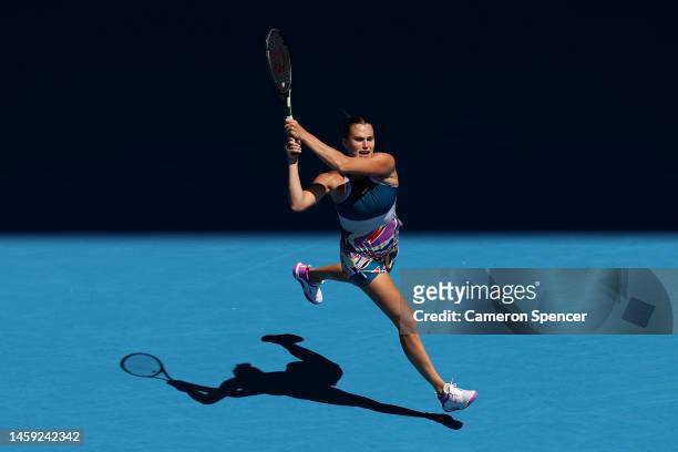 Aryna Sabalenka plays a backhand in the Quarterfinal singles match against Donna Vekic of Croatia during day ten of the 2023 Australian Open at...