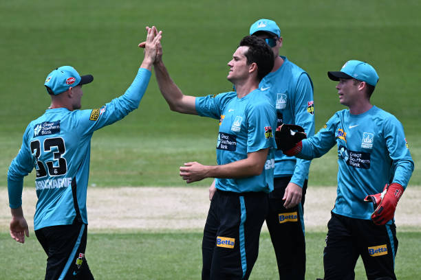 James Bazley of the Heat celebrates the wicket of Zak Crawley of the Hurricanes during the Men's Big Bash League match between the Hobart Hurricanes...