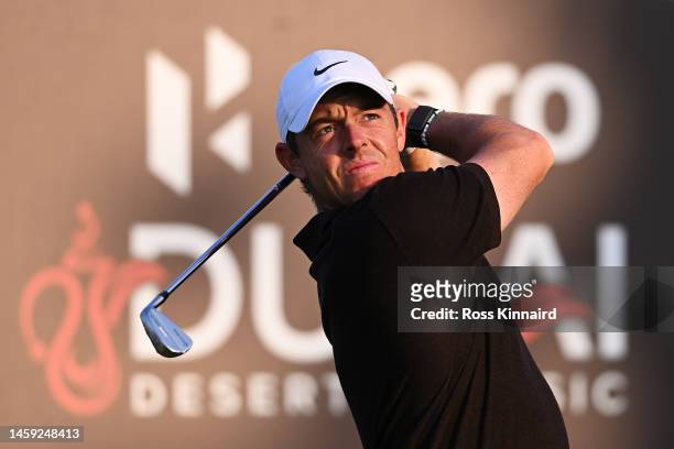 Rory McIlroy of Northern Ireland tees off during the Pro-Am prior to the Hero Dubai Desert Classic at Emirates Golf Club on January 25, 2023 in...