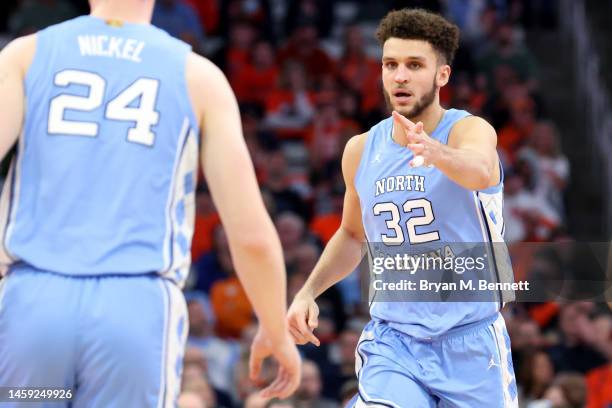 Pete Nance of the North Carolina Tar Heels reacts during the second half of the game against the Syracuse Orange at JMA Wireless Dome on January 24,...