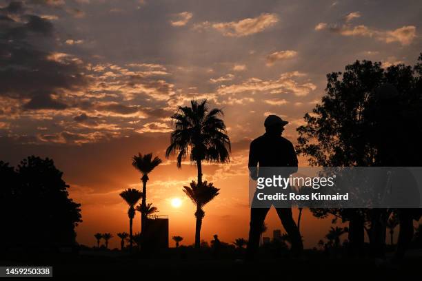 Rory McIlroy of Northern Ireland on the 1st hole fairway during the Pro-prior to the Hero Dubai Desert Classic at Emirates Golf Club on January 25,...