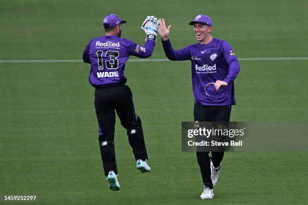 Zac Crawley of the Hurricanes is congratulated by m of the Hurricanes on the runout of Matthew Renshaw of the Heat during the Men's Big Bash League...