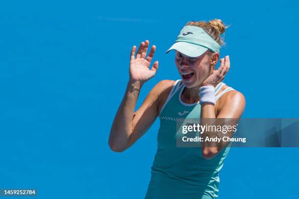 Magda Linette of Poland celebrates victory during the Quarterfinal singles match against Karolina Pliskova of the Czech Republic during day ten of...