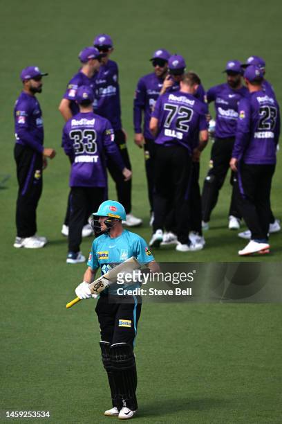 Marnus Labuschagne of the Heat leaves the field after being dismissed by Nathan Ellis of the Hurricanes during the Men's Big Bash League match...