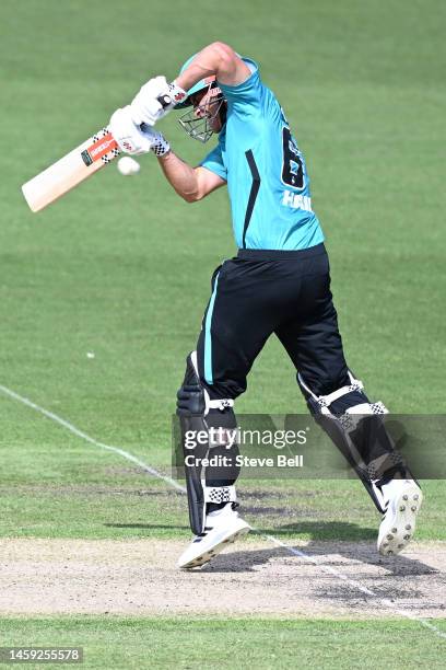 Sam Hain of the Heat bats during the Men's Big Bash League match between the Hobart Hurricanes and the Brisbane Heat at University of Tasmania...