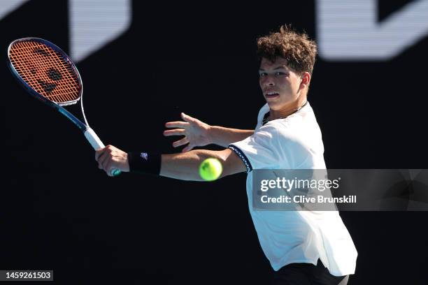 Ben Shelton of the United States plays a backhand in the Quarterfinal singles match against Tommy Paul of the United States during day ten of the...