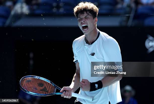 Ben Shelton of the United States reacts in the Quarterfinal singles match against Tommy Paul of the United States during day ten of the 2023...