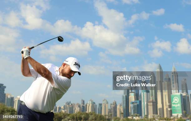 Shane Lowry of Ireland plays his tee shot on the 8th hole during the Pro-Am prior to the Hero Dubai Desert Classic at Emirates Golf Club on January...