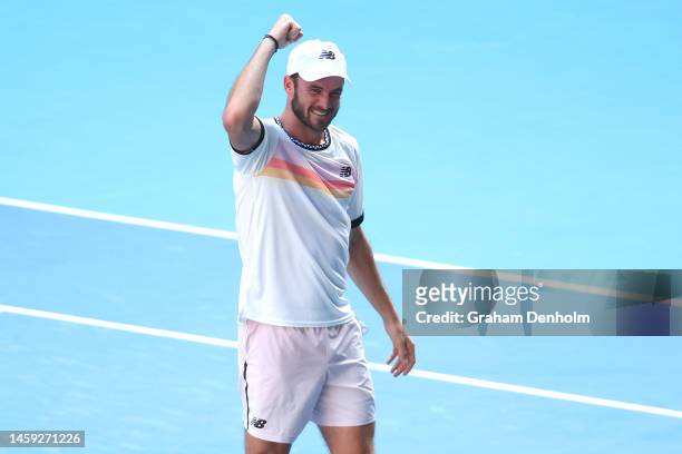 Tommy Paul of the United States celebrates winning in the Quarterfinal singles match against Ben Shelton of the United States during day ten of the...