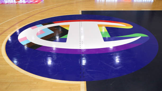 The Champion’s Pride Progress flag x ‘C’ logo is seen ahead of NBL inaugural Pride Round during the round 17 NBL match between South East Melbourne...