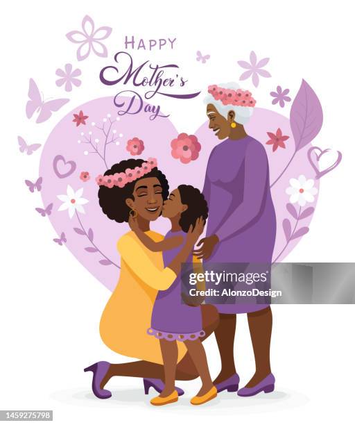 stockillustraties, clipart, cartoons en iconen met happy mother's day. african american mother hugs her daughter and granddaughter. mom's love. international women's day. three generation. - kids hugging mom cartoon