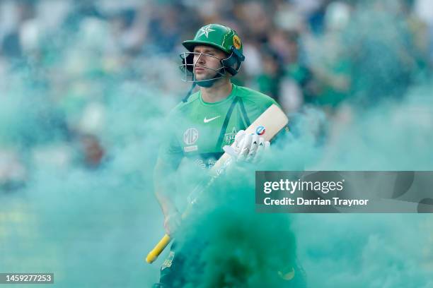 Joe Clarke of the Stars walks out to batduring the Men's Big Bash League match between the Melbourne Stars and the Sydney Thunder at Melbourne...